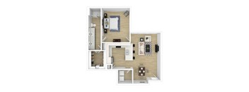 a stylized floor plan with a bedroom and a living room
