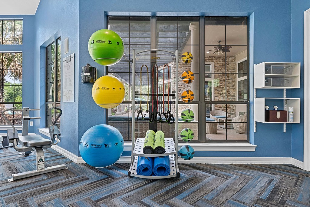 A gym with blue walls and a variety of exercise equipment.