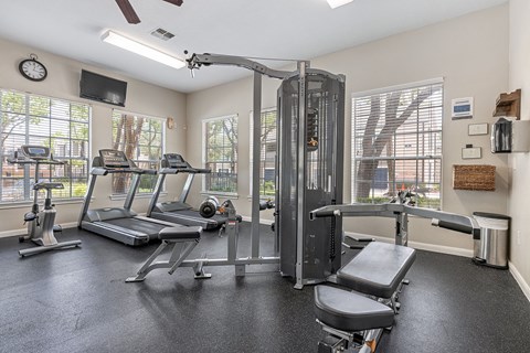 A gym with a variety of equipment including treadmills, weights, and a bench press.