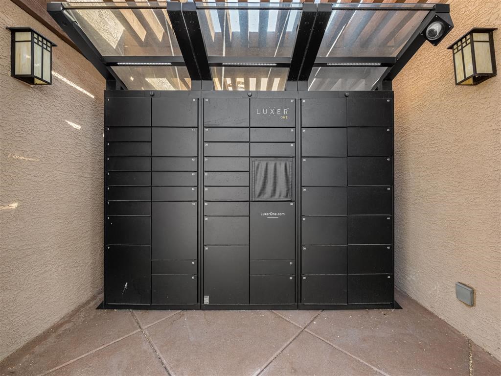 a set of lockers in front of a door