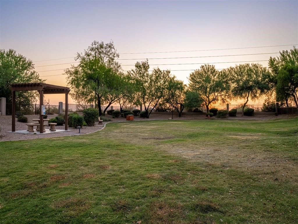 a park with green grass and trees and a pavilion