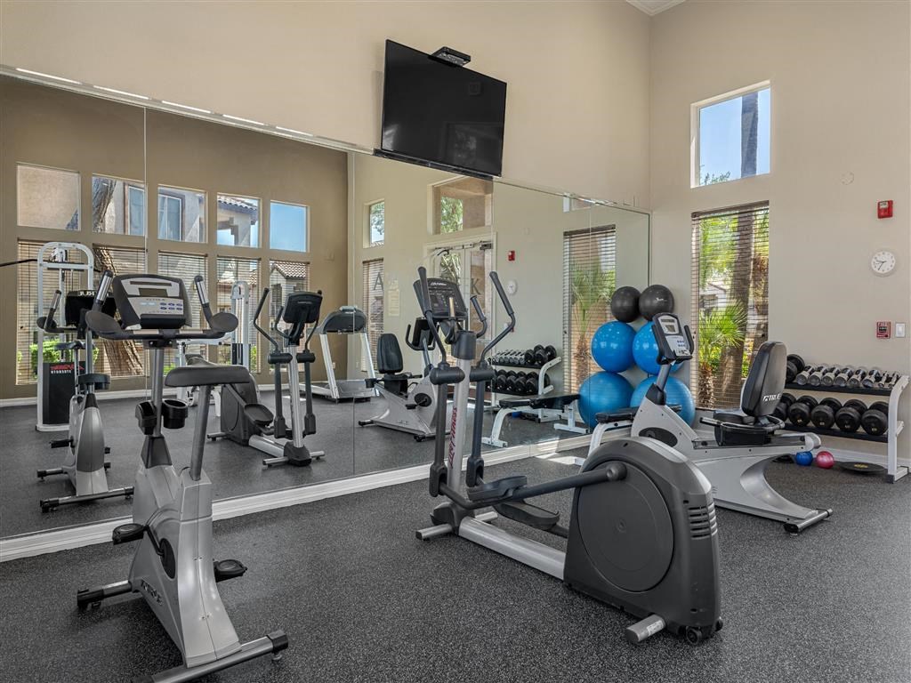 a gym with cardio machines and weights and a tv
