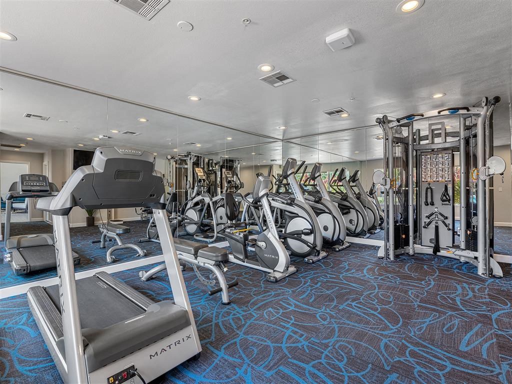 a gym with cardio equipment and weights on a floor