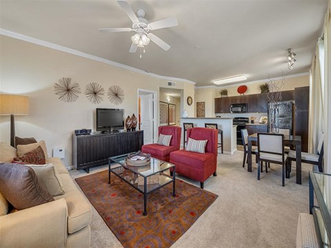 a living room with a couch and a table