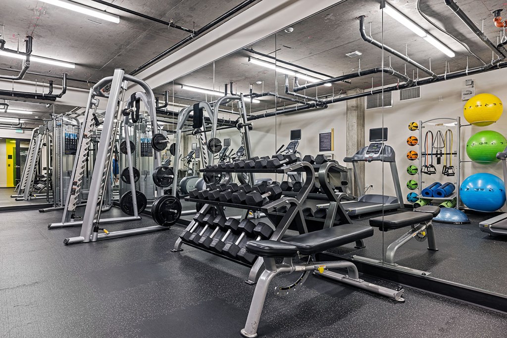 a gym with weights and cardio equipment in a building