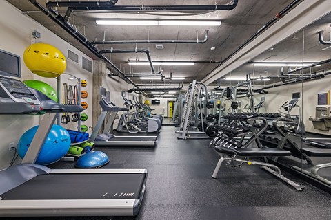 a gym with cardio equipment and weights on the floor