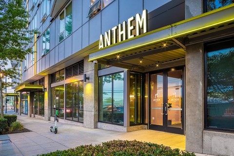 the facade of an office building at night