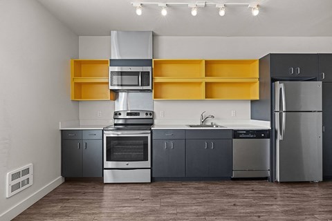 a kitchen with stainless steel appliances and yellow shelves