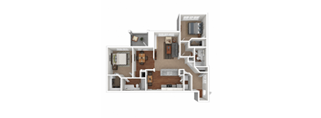 A 3D floor plan of a house with a living room, kitchen, and bedrooms.