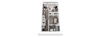 A floor plan of a small apartment with a kitchen, living room, and bathroom.