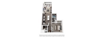 A floor plan of a small apartment with a kitchen, living room, and bathroom.