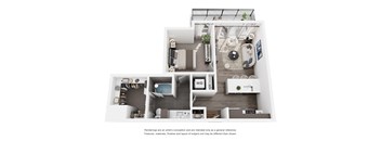A floor plan of a small apartment with a kitchen, living room, and bathroom.