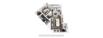 A white floor plan of a small apartment with a kitchen, living room, and bedroom.