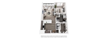 A floor plan of a small apartment with a living room, kitchen, and bedroom.