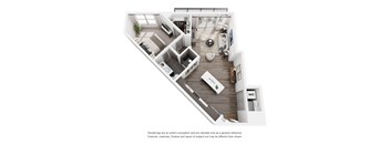 A floor plan of a house with a kitchen, living room, and two bedrooms.