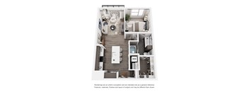 A floor plan of a small apartment with a kitchen, living room, and bedroom.
