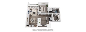 A white floor plan of a house with a living room, kitchen, and bathroom.