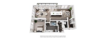 A white interior design rendering of a house with a kitchen, living room, and bathroom.