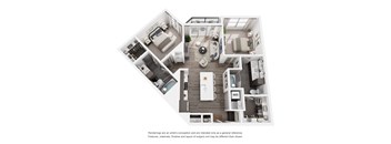 A floor plan of a small apartment with a kitchen, living room, and bedroom.