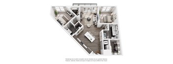 A floor plan of a house with a kitchen, living room, and two bedrooms.