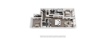 A white floor plan of a house with a kitchen, living room, and bedrooms.