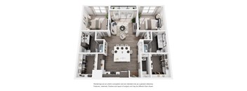 A top-down view of a modern, minimalist apartment layout.