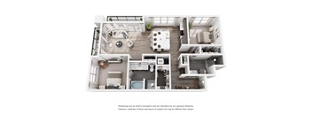 A white and wood floor plan of a small apartment with a kitchen, living room, and bedrooms.