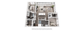 A top-down view of a small, well-organized apartment with a kitchen, living room, and bathroom.