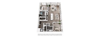 A top-down view of a well-organized apartment with a kitchen, living room, and bathroom.