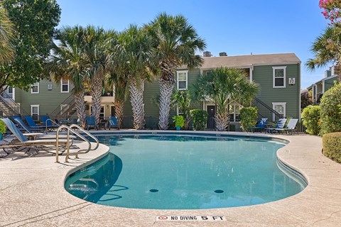 A pool surrounded by palm trees and lounge chairs with a "No Diving" sign.