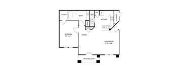 A floor plan of a home with a living room, dining room, bedroom, bathroom, kitchen, and closets.