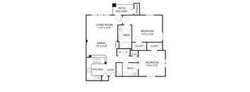 A black and white image of a floor plan for a home with a living room, dining room, kitchen, and two bedrooms.