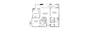 A floor plan of a home with a living room, dining room, kitchen, and two bedrooms.