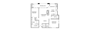 A floor plan of an apartment with a living room, dining room, kitchen, and two bedrooms.