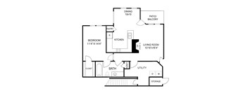 A black and white image of a house floor plan with a bedroom, bathroom, kitchen, living room, dining room, pantry, utility, and storage.