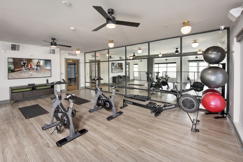 a gym with weights and balls on the floor and a large glass walled gym