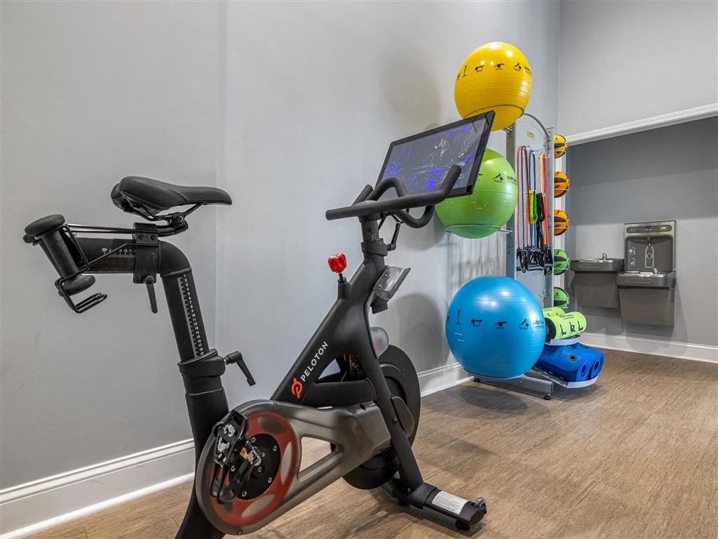 a gym with an exercise bike and various exercise balls