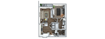 A top-down view of a small apartment layout with a living room, kitchen, and bathroom.