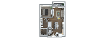 A top-down view of a small apartment layout with a kitchen, living room, and bathroom.