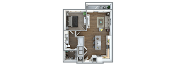 A top-down view of a small apartment with a kitchen, living room, and bathroom.