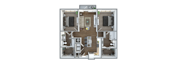 A detailed 3D floor plan of a house layout.