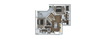 A top-down view of a house layout with a living room, kitchen, and bathrooms.