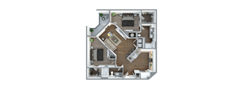 A top-down view of a house layout with a living room, kitchen, and bathrooms.