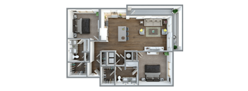 A detailed 3D floor plan of a small apartment layout.