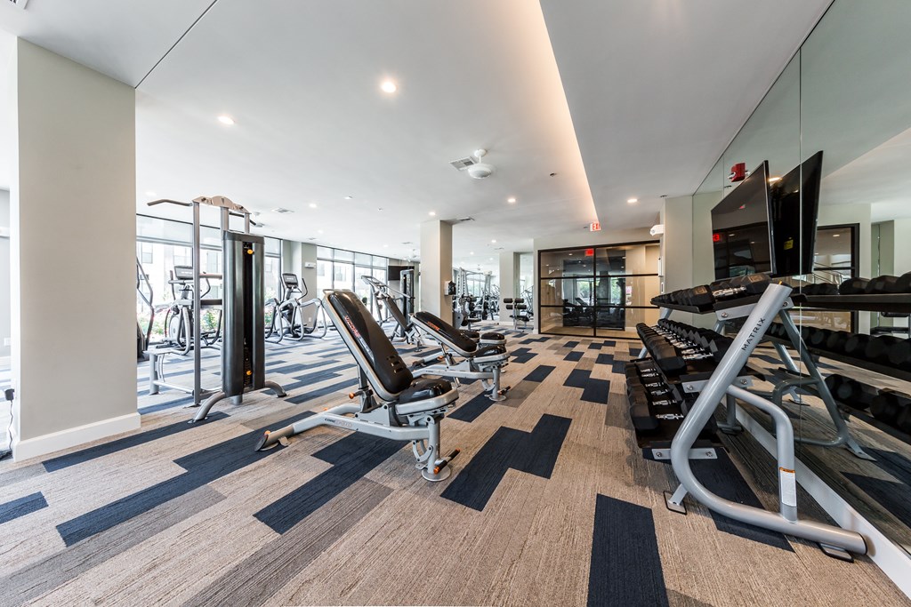 a gym with weights and cardio equipment at the renaissance apartments