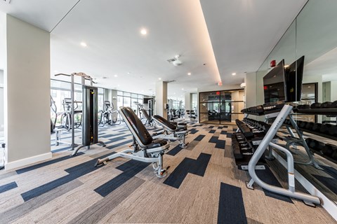 a gym with weights and cardio equipment at the renaissance apartments