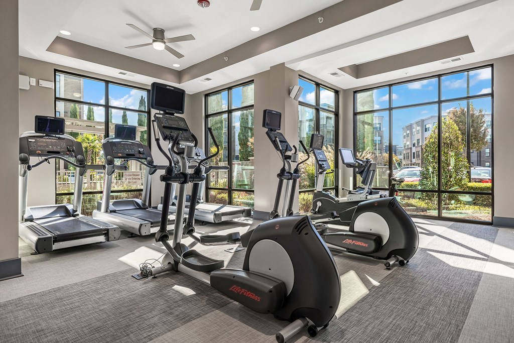 a gym with cardio equipment and windows at the district flats apartments