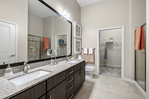 a bathroom with two sinks and a large mirror