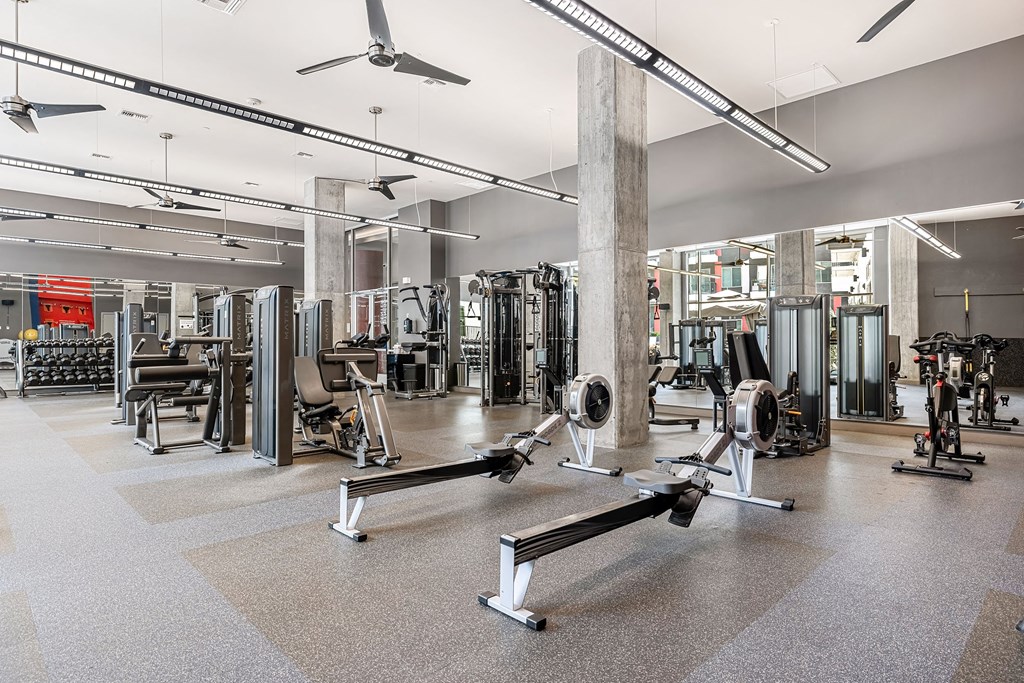 a gym with a lot of weights and cardio equipment