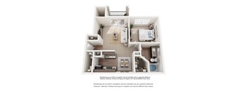 A white floor plan of a house with a kitchen, living room, and bedrooms.